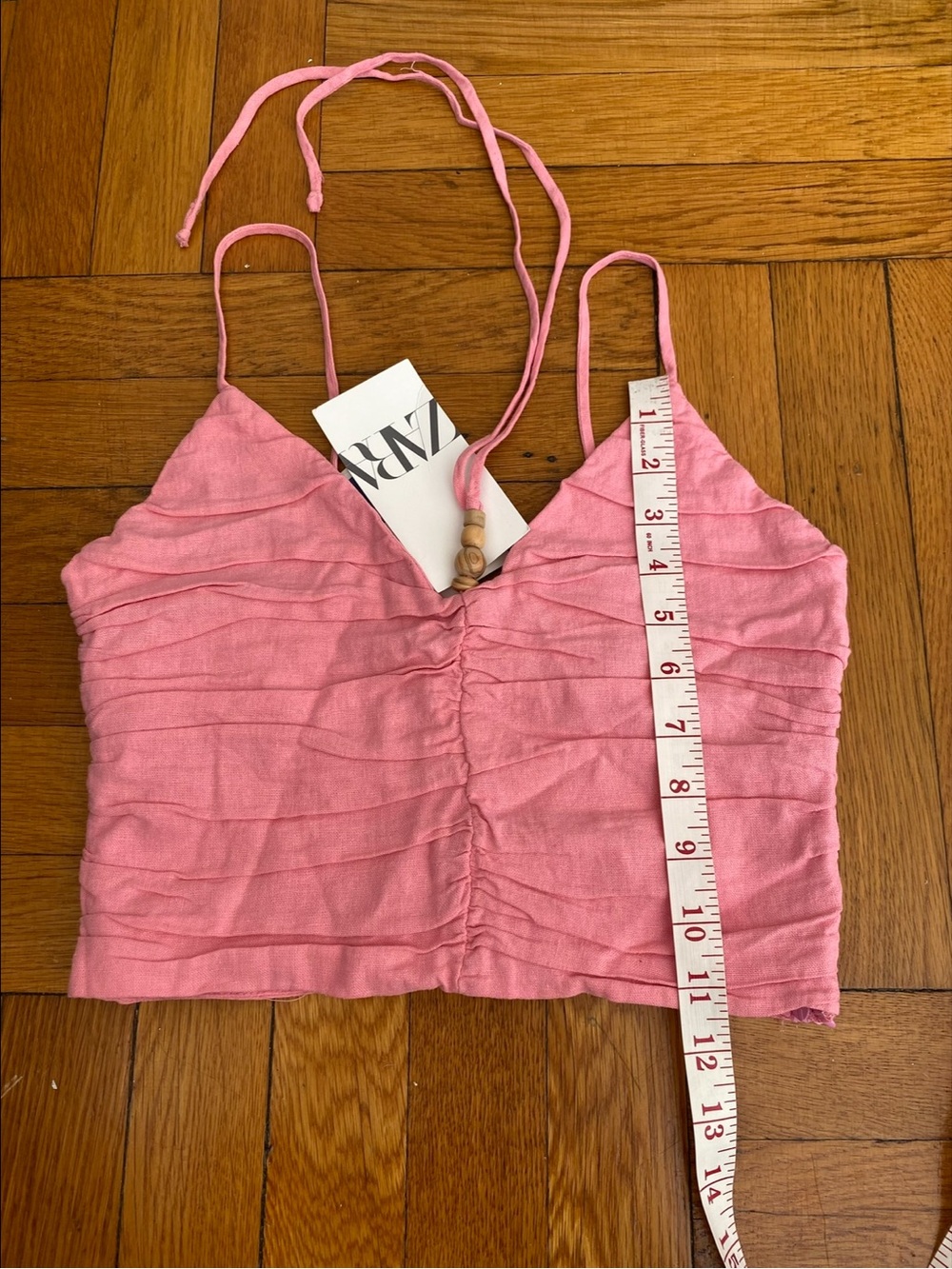 NWT Zara Pink Linen Blend Ruched Crop Top Beaded Tie Size S